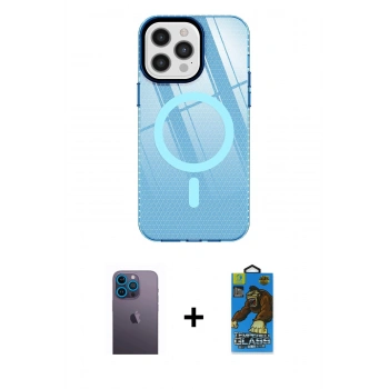 MARSİLYAN™- iPhone 12 Pro Max Kılıf Doruk Prime - Siyah 18D Cam Ekran Koruyucu + Neon Fosforlu Kamera Lens - MI