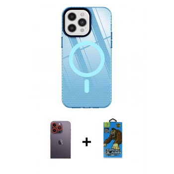 MARSİLYAN™- iPhone 12 Pro Max Kılıf Doruk Prime - Siyah 18D Cam Ekran Koruyucu + Neon Fosforlu Kamera Lens - TU