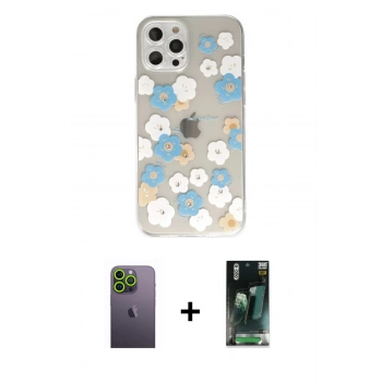 MARSİLYAN™- iPhone 12 Pro Max Kılıf Eksen Asil Prime - Şeffaf 360 Full Body Arka Koruyucu + Neon Fosforlu Kamera Lens - YL