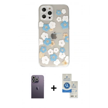 MARSİLYAN™- iPhone 12 Pro Max Kılıf Eksen Asil Prime - Şeffaf Royal Nano Ekran Koruyucu + Neon Fosforlu Kamera Lens - BZ