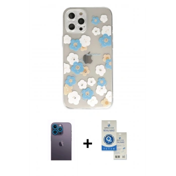 MARSİLYAN™- iPhone 12 Pro Max Kılıf Eksen Asil Prime - Şeffaf Royal Nano Ekran Koruyucu + Neon Fosforlu Kamera Lens - MI