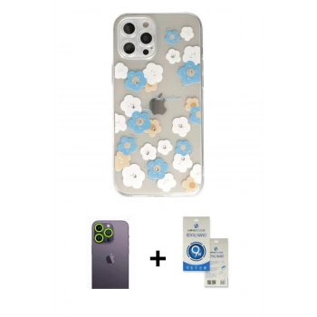 MARSİLYAN™- iPhone 12 Pro Max Kılıf Eksen Asil Prime - Şeffaf Royal Nano Ekran Koruyucu + Neon Fosforlu Kamera Lens - YL