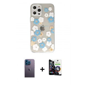 MARSİLYAN™- iPhone 12 Pro Max Kılıf Eksen Asil Prime - Şeffaf Temperli Cam Ekran Koruyucu + Neon Fosforlu Kamera Lens - MI