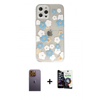 MARSİLYAN™- iPhone 12 Pro Max Kılıf Eksen Asil Prime - Şeffaf Temperli Cam Ekran Koruyucu + Neon Fosforlu Kamera Lens - SI