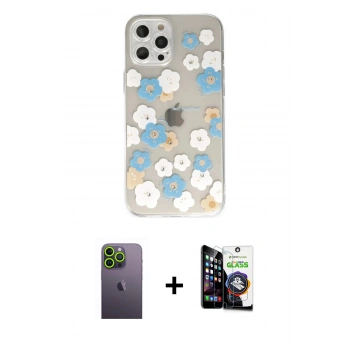 MARSİLYAN™- iPhone 12 Pro Max Kılıf Eksen Asil Prime - Şeffaf Temperli Cam Ekran Koruyucu + Neon Fosforlu Kamera Lens - YL