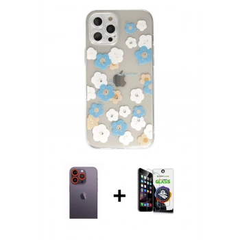 MARSİLYAN™- iPhone 12 Pro Max Kılıf Eksen Asil Prime - Şeffaf Temperli Cam Ekran Koruyucu + Neon Fosforlu Kamera Lens - TU