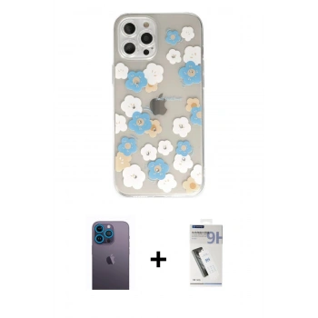 MARSİLYAN™- iPhone 12 Pro Max Kılıf Eksen Asil Prime - Şeffaf Uv Polymer Nano Ekran Koruyucu + Neon Fosforlu Kamera Lens - MI