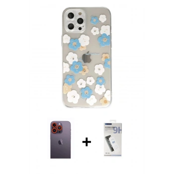 MARSİLYAN™- iPhone 12 Pro Max Kılıf Eksen Asil Prime - Şeffaf Uv Polymer Nano Ekran Koruyucu + Neon Fosforlu Kamera Lens - TU