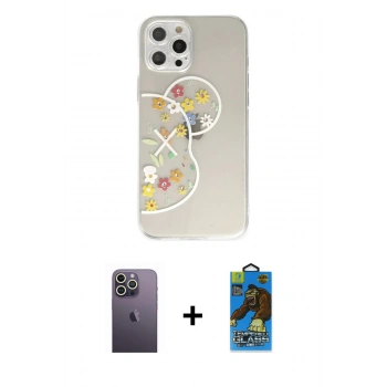 MARSİLYAN™- iPhone 12 Pro Max Kılıf Eksen Asil Prime - Siyah 18D Cam Ekran Koruyucu + Neon Fosforlu Kamera Lens - BZ