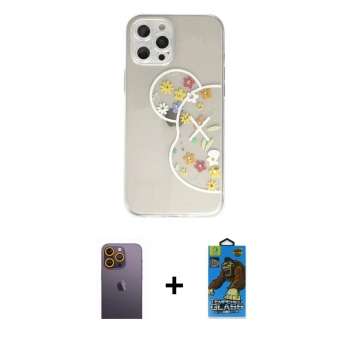 MARSİLYAN™- iPhone 12 Pro Max Kılıf Eksen Asil Prime - Siyah 18D Cam Ekran Koruyucu + Neon Fosforlu Kamera Lens - SI