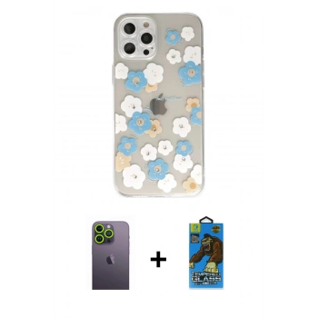 MARSİLYAN™- iPhone 12 Pro Max Kılıf Eksen Asil Prime - Siyah 18D Cam Ekran Koruyucu + Neon Fosforlu Kamera Lens - YL