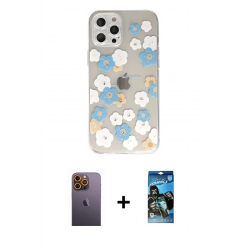 MARSİLYAN™- iPhone 12 Pro Max Kılıf Eksen Asil Prime - Siyah 34D Izgaralı Cam + Neon Fosforlu Kamera Lens - SI