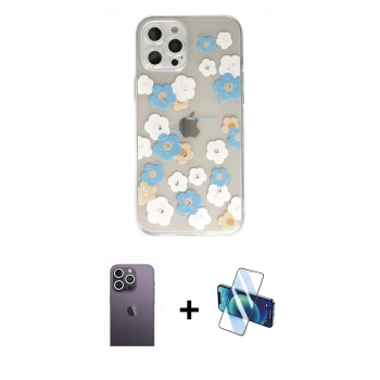 MARSİLYAN™- iPhone 12 Pro Max Kılıf Eksen Asil Prime - Siyah 3D Antistatik Cam Ekran Koruyucu + Neon Fosforlu Kamera Lens - BZ