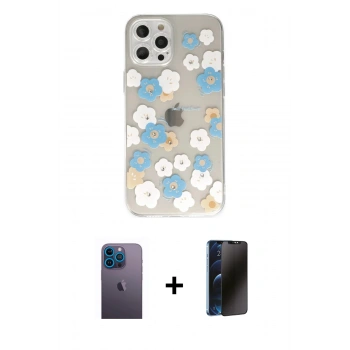 MARSİLYAN™- iPhone 12 Pro Max Kılıf Eksen Asil Prime - Siyah 3D Antistatik Hayalet Cam Ekran Koruyucu + Neon Fosforlu Kamera Lens - MI