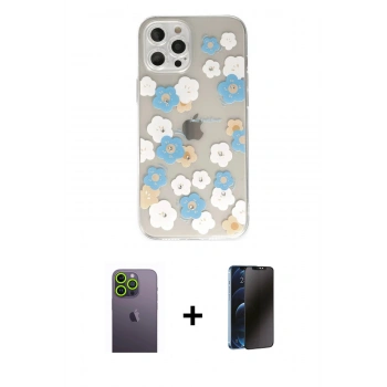 MARSİLYAN™- iPhone 12 Pro Max Kılıf Eksen Asil Prime - Siyah 3D Antistatik Hayalet Cam Ekran Koruyucu + Neon Fosforlu Kamera Lens - YL
