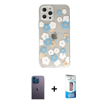 MARSİLYAN™- iPhone 12 Pro Max Kılıf Eksen Asil Prime - Siyah 5D Eko Cam Ekran Koruyucu + Neon Fosforlu Kamera Lens - MI