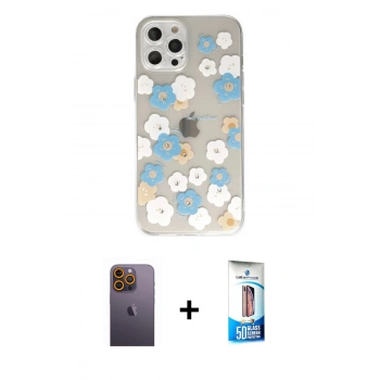 MARSİLYAN™- iPhone 12 Pro Max Kılıf Eksen Asil Prime - Siyah 5D Eko Cam Ekran Koruyucu + Neon Fosforlu Kamera Lens - SI
