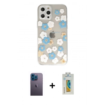 MARSİLYAN™- iPhone 12 Pro Max Kılıf Eksen Asil Prime - Siyah Polymer Nano Ekran Koruyucu + Neon Fosforlu Kamera Lens - MI