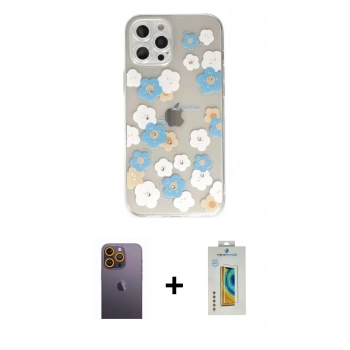MARSİLYAN™- iPhone 12 Pro Max Kılıf Eksen Asil Prime - Siyah Polymer Nano Ekran Koruyucu + Neon Fosforlu Kamera Lens - SI