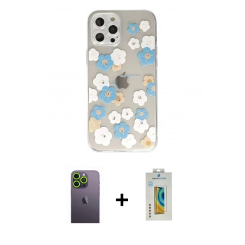 MARSİLYAN™- iPhone 12 Pro Max Kılıf Eksen Asil Prime - Siyah Polymer Nano Ekran Koruyucu + Neon Fosforlu Kamera Lens - YL