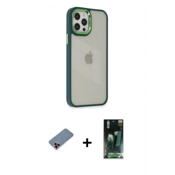 MARSİLYAN™- iPhone 12 Pro Max Kılıf Eksen Doku Prime - Şeffaf 360 Full Body Arka Koruyucu + Metal Kamera Lens Koruma Cam - KI