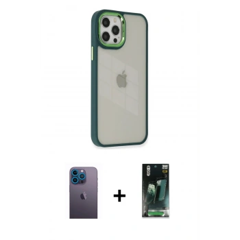 MARSİLYAN™- iPhone 12 Pro Max Kılıf Eksen Doku Prime - Şeffaf 360 Full Body Arka Koruyucu + Neon Fosforlu Kamera Lens - MI