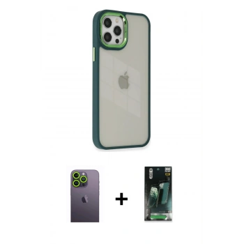 MARSİLYAN™- iPhone 12 Pro Max Kılıf Eksen Doku Prime - Şeffaf 360 Full Body Arka Koruyucu + Neon Fosforlu Kamera Lens - YL