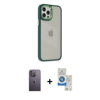MARSİLYAN™- iPhone 12 Pro Max Kılıf Eksen Doku Prime - Şeffaf Royal Nano Ekran Koruyucu + Neon Fosforlu Kamera Lens - BZ