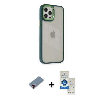 MARSİLYAN™- iPhone 12 Pro Max Kılıf Eksen Doku Prime - Şeffaf Royal Nano Ekran Koruyucu + Metal Kamera Lens Koruma Cam - KI