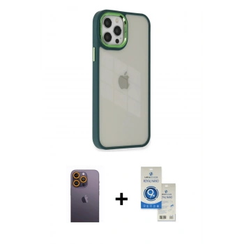MARSİLYAN™- iPhone 12 Pro Max Kılıf Eksen Doku Prime - Şeffaf Royal Nano Ekran Koruyucu + Neon Fosforlu Kamera Lens - SI
