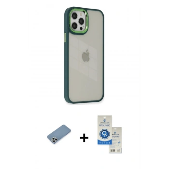 MARSİLYAN™- iPhone 12 Pro Max Kılıf Eksen Doku Prime - Şeffaf Royal Nano Ekran Koruyucu + Shine Kamera Lens Koruma Cam - GS