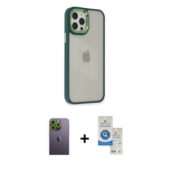 MARSİLYAN™- iPhone 12 Pro Max Kılıf Eksen Doku Prime - Şeffaf Royal Nano Ekran Koruyucu + Neon Fosforlu Kamera Lens - YL