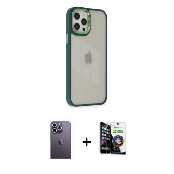 MARSİLYAN™- iPhone 12 Pro Max Kılıf Eksen Doku Prime - Şeffaf Temperli Cam Ekran Koruyucu + Neon Fosforlu Kamera Lens - BZ