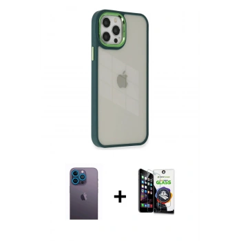 MARSİLYAN™- iPhone 12 Pro Max Kılıf Eksen Doku Prime - Şeffaf Temperli Cam Ekran Koruyucu + Neon Fosforlu Kamera Lens - MI