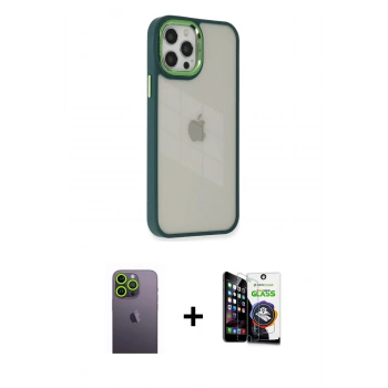 MARSİLYAN™- iPhone 12 Pro Max Kılıf Eksen Doku Prime - Şeffaf Temperli Cam Ekran Koruyucu + Neon Fosforlu Kamera Lens - YL