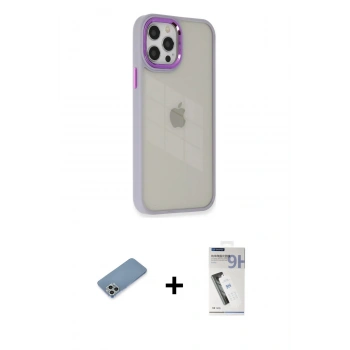 MARSİLYAN™- iPhone 12 Pro Max Kılıf Eksen Doku Prime - Şeffaf Uv Polymer Nano Ekran Koruyucu + Shine Kamera Lens Koruma Cam - GS