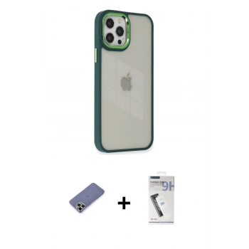 MARSİLYAN™- iPhone 12 Pro Max Kılıf Eksen Doku Prime - Şeffaf Uv Polymer Nano Ekran Koruyucu + Metal Kamera Lens Koruma Cam - GD