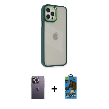 MARSİLYAN™- iPhone 12 Pro Max Kılıf Eksen Doku Prime - Siyah 18D Cam Ekran Koruyucu + Neon Fosforlu Kamera Lens - BZ