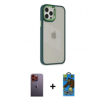 MARSİLYAN™- iPhone 12 Pro Max Kılıf Eksen Doku Prime - Siyah 18D Cam Ekran Koruyucu + Neon Fosforlu Kamera Lens - TU