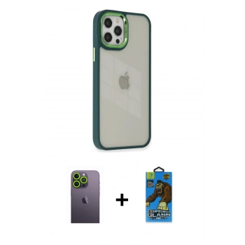 MARSİLYAN™- iPhone 12 Pro Max Kılıf Eksen Doku Prime - Siyah 18D Cam Ekran Koruyucu + Neon Fosforlu Kamera Lens - YL