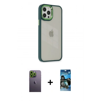 MARSİLYAN™- iPhone 12 Pro Max Kılıf Eksen Doku Prime - Siyah 34D Izgaralı Cam + Neon Fosforlu Kamera Lens - YL