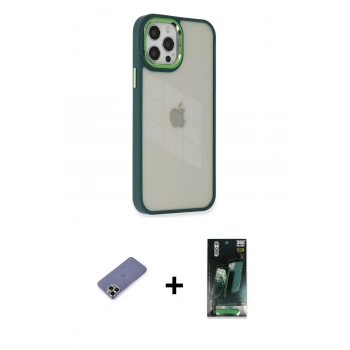MARSİLYAN™- iPhone 12 Pro Max Kılıf Eksen Doku Prime - Siyah 360 Mat Full Body Arka Koruyucu + Metal Kamera Lens Koruma Cam - GD