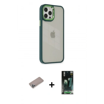 MARSİLYAN™- iPhone 12 Pro Max Kılıf Eksen Doku Prime - Siyah 360 Mat Full Body Arka Koruyucu + Shine Kamera Lens Koruma Cam - SABE