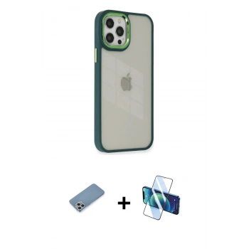 MARSİLYAN™- iPhone 12 Pro Max Kılıf Eksen Doku Prime - Siyah 3D Antistatik Cam Ekran Koruyucu + Shine Kamera Lens Koruma Cam - GS