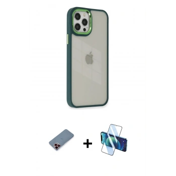 MARSİLYAN™- iPhone 12 Pro Max Kılıf Eksen Doku Prime - Siyah 3D Antistatik Cam Ekran Koruyucu + Metal Kamera Lens Koruma Cam - KI