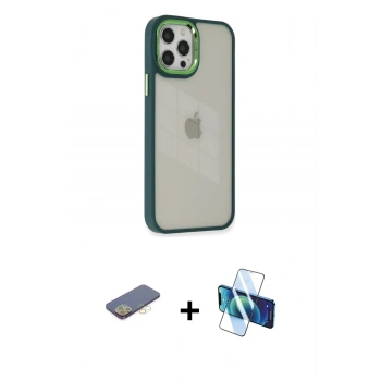 MARSİLYAN™- iPhone 12 Pro Max Kılıf Eksen Doku Prime - Siyah 3D Antistatik Cam Ekran Koruyucu + Renkli Kamera Lens Koruma Cam - SI