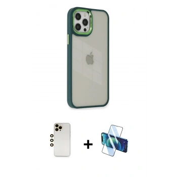 MARSİLYAN™- iPhone 12 Pro Max Kılıf Eksen Doku Prime - Siyah 3D Antistatik Cam Ekran Koruyucu + Shine Kamera Lens - GD