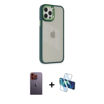 MARSİLYAN™- iPhone 12 Pro Max Kılıf Eksen Doku Prime - Siyah 3D Antistatik Cam Ekran Koruyucu + Neon Fosforlu Kamera Lens - TU