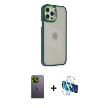 MARSİLYAN™- iPhone 12 Pro Max Kılıf Eksen Doku Prime - Siyah 3D Antistatik Cam Ekran Koruyucu + Neon Fosforlu Kamera Lens - YL