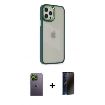 MARSİLYAN™- iPhone 12 Pro Max Kılıf Eksen Doku Prime - Siyah 3D Antistatik Hayalet Cam Ekran Koruyucu + Neon Fosforlu Kamera Lens - YL